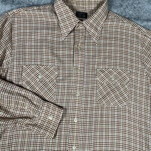 Vintage JC Penney Shirt Men's‎ XL 17-17.5 Brown Plaid Pockets Flaps Long Sleeve